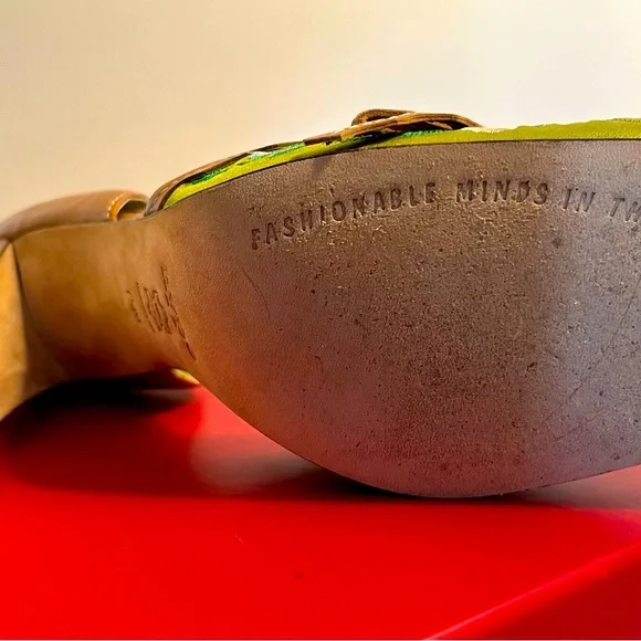 Lime Green Satin Brown Leather Hi Heels 5”  Lilac Floral Embroidery Sq.Toe 7 1/2 - Picture 9 of 14